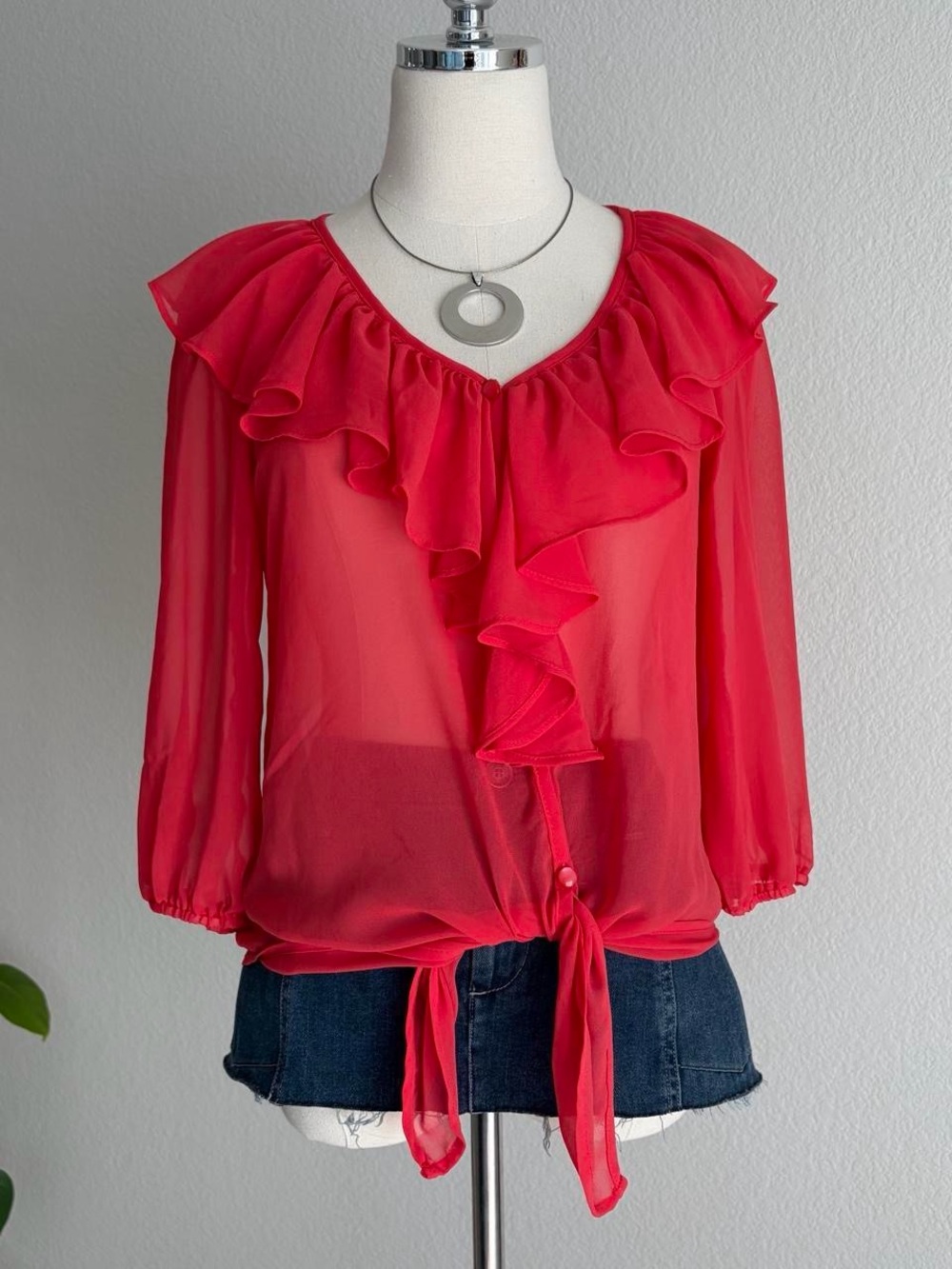 Red Ruffle-Front Sheer Blouse - Picture 3 of 8